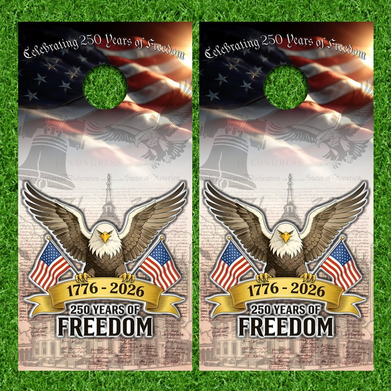 250 Years Celebrating Freedom 1776 - 2026 with American Flag & Constitution Background Cornhole Wraps