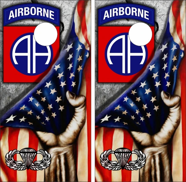 82nd Airborne with Jump Wings Hand Pulling American Flag Cornhole Wraps