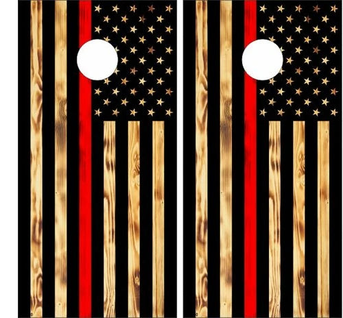 Firefighter Fireman Red Line American Flag Wood Burn Look Cornhole Wraps