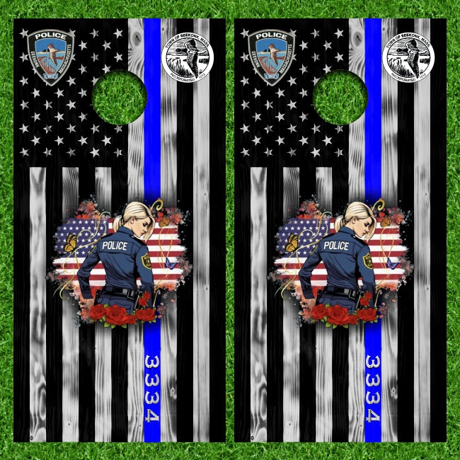 Custom Police Woman Thin Blue Line American Flag Gray Wood Look Cornhole Wraps