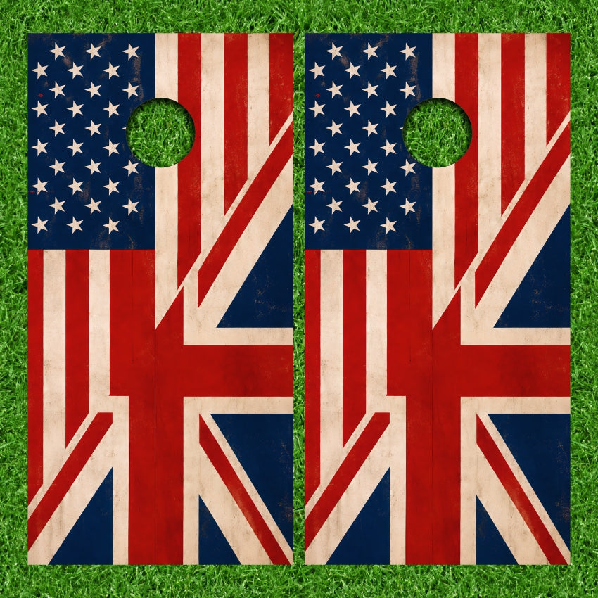 United States American Flag Faded together with UK Light Wood Grain Background Cornhole Wraps