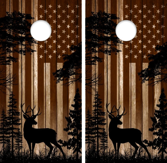 Deer Buck In Woods with Stain Wood USA American Cornhole Wraps