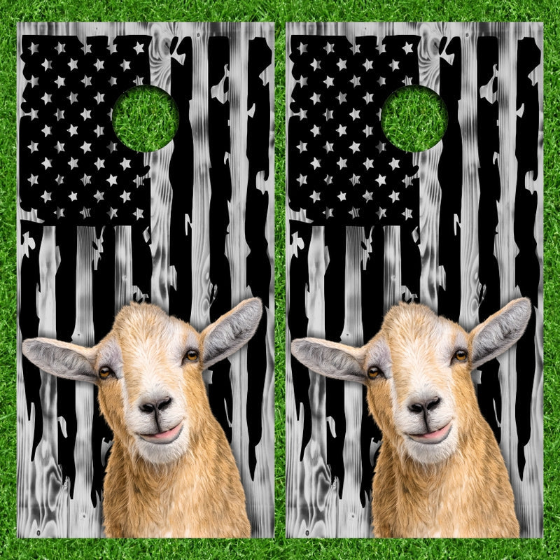 Funny Up Close Farm Goat with Gray Weathered Wood Look American Flag Background Cornhole Wraps