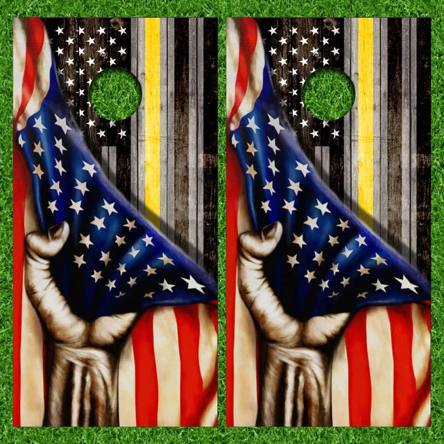 Dispatcher Thin Yellow Line Hand Pulling American Flag Cornhole Wraps