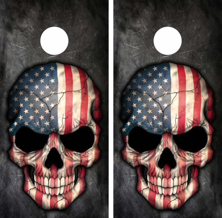 Bad to the Bone Patriotic Skull on Gray Grunge Cornhole Wraps
