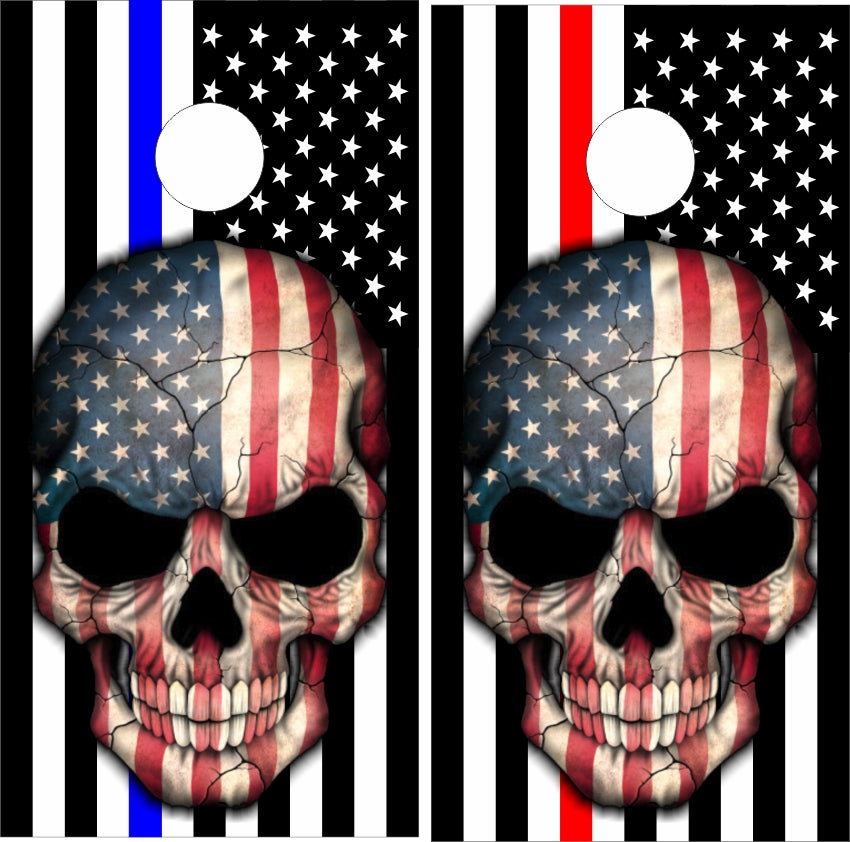 Bad to the Bone Patriotic Skull Thin Red & Blue Line American Flag Cornhole Wraps