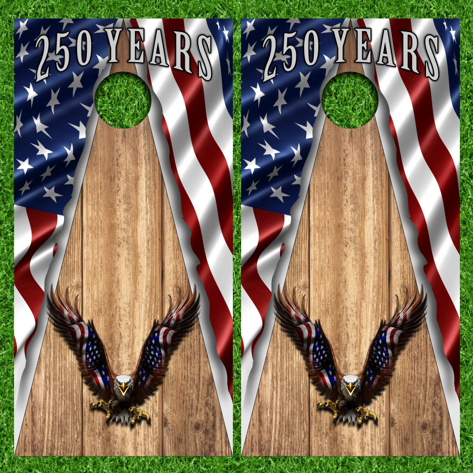 American Flag Bald Eagle Straight Attack Triangle Brown Wood Cornhole Wraps