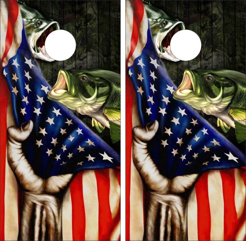 Strong Hand Pulling American Flag Largemouth Bass Cornhole Wraps
