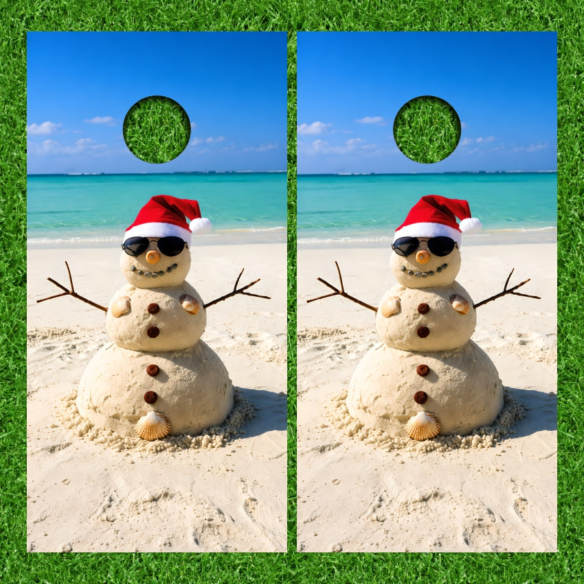 Santa Snowman made of Sand on the Beach Cornhole Wraps
