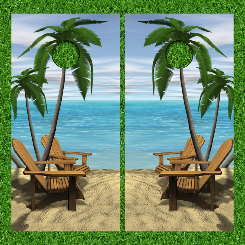 Lounge Chairs Palm Trees on Sandy Beach Cornhole Wraps
