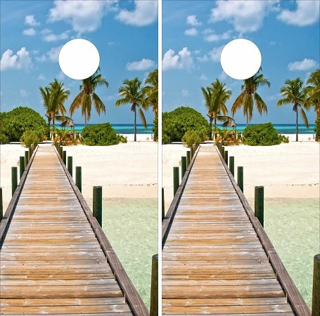 Beach Pier Dock Sandy Ocean Waves Palm Trees Cornhole Wraps