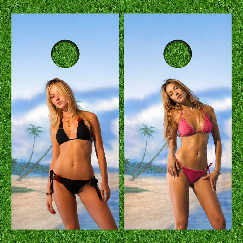 Hot Sexy Ladies In Bikinis with Tropical Beach Background Cornhole Wraps
