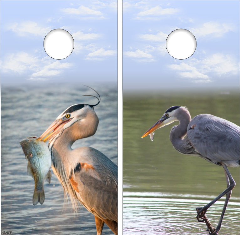 Blue Heron Bird with Fish in Mouth Cornhole Wraps