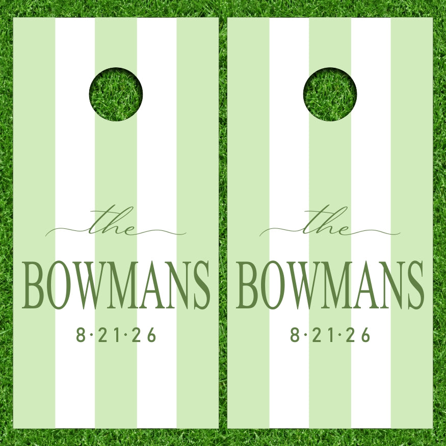 Customize Your Name on this Wedding Monogram Date Established 5 Stripe Background Cornhole Wraps