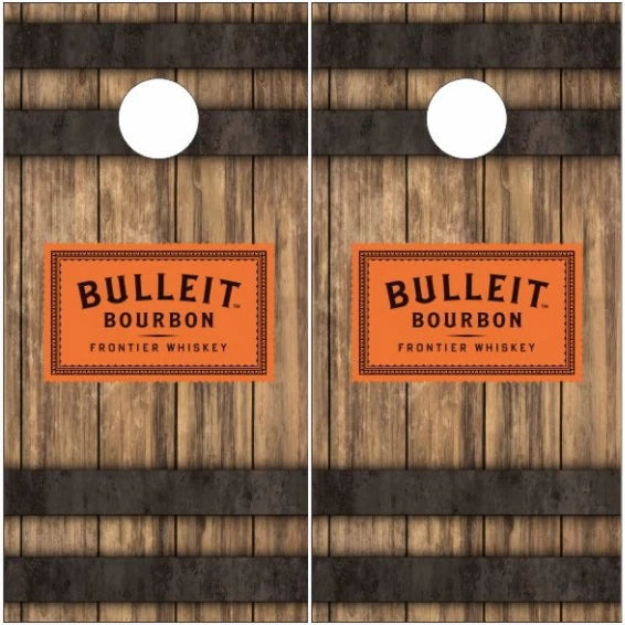 Bulleit Bourbon Frontier Whiskey Barrel Wood Background Cornhole Wraps