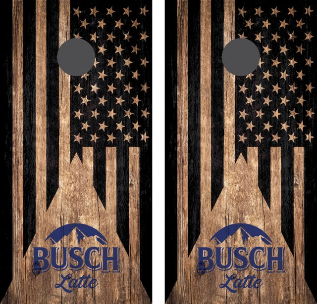 Busch Latte on Dark Stain Wood Flag Design Cornhole Wraps