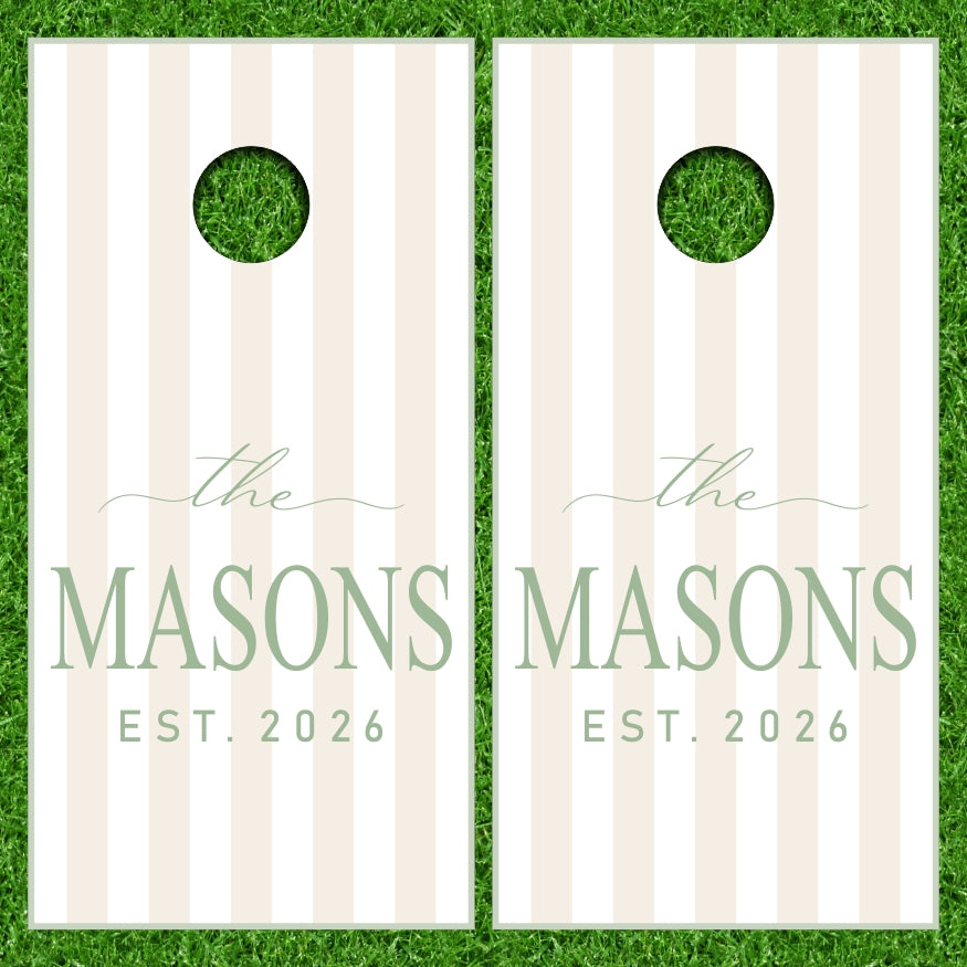 Customize Your Name on this Wedding Monogram Date Established 11 Stripe Background Cornhole Wraps