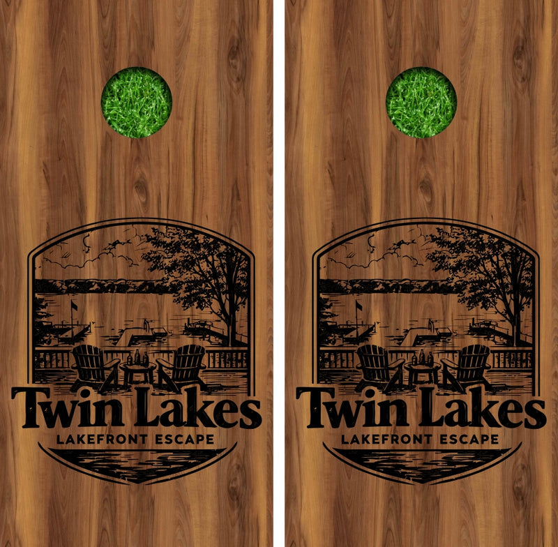 Twin Lakes Lakefront Escape on dark Stain Plywood Background Cornhole Wraps