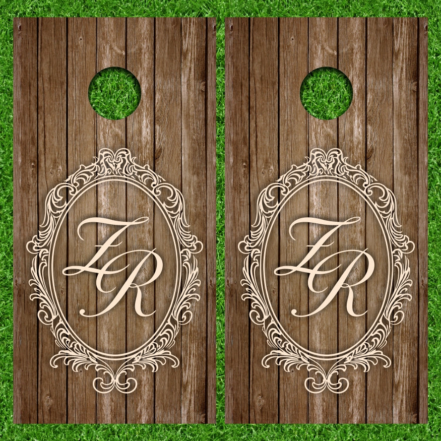 Flower Wreath Wedding Monogram Weathered Wood Background Cornhole Wraps