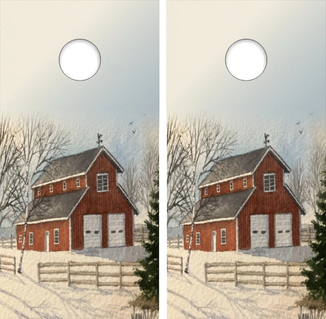 Country Farm Style Red Barn with Snow Wintery Background Oil Painting Style Cornhole Wraps