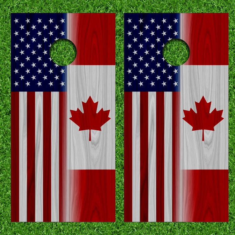 National American Canadian America Canada Combo Country Flag with Light Wood Grain Background Cornhole Wraps