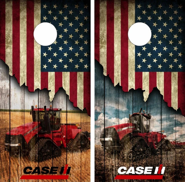 International Harvester IH CASE Quadtrac Tractor on American Flag Wood Background Cornhole Wraps