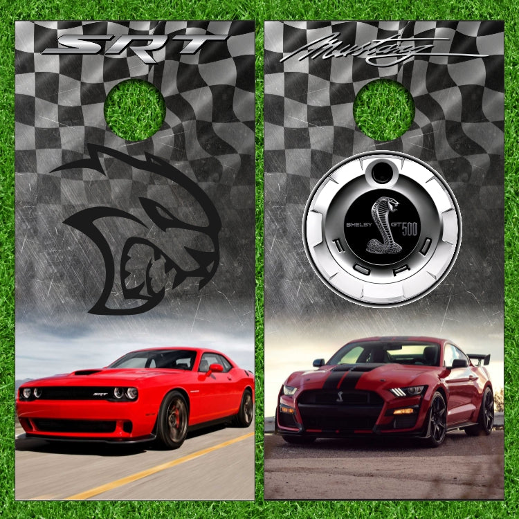 Charger Hellcat SRT Vs Shelby GT 500 Mustang Cobra on Checker Flag Racing Grunge Background Cornhole Wraps