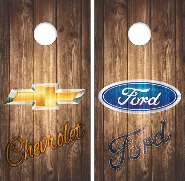 Chevy Chevrolet & Ford Text on Brown Weathered Wood Background Cornhole Wraps