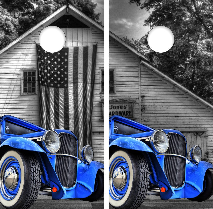 Classic Blue Hot Rod Truck American Flag Hardware Store Cornhole Wraps