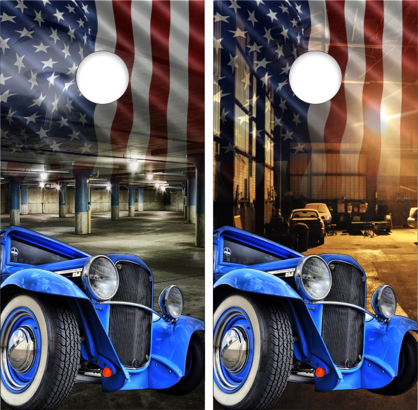 Classic Blue Hot Rod Truck American Flag Parking Deck Cornhole Wraps