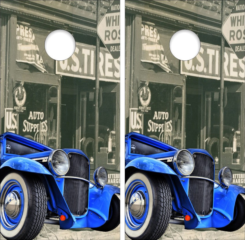 Classic Blue Hot Rod Truck Old Country General Store Cornhole Wraps