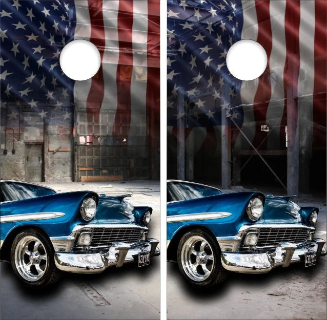 Classic Hotrod Blue Car with American Flag Garage 2 Background Cornhole Wraps