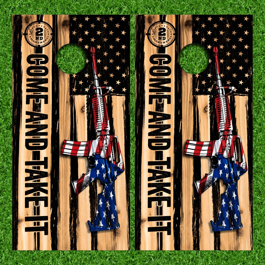 Come And Take It & Machine Gun 2nd Amendment Over Wood on Black American Flag Cornhole Wraps
