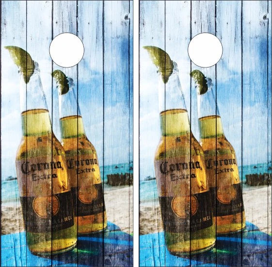 Corona Extra with Lime on Tropical Beach Weathered Wood Look Cornhole Wraps