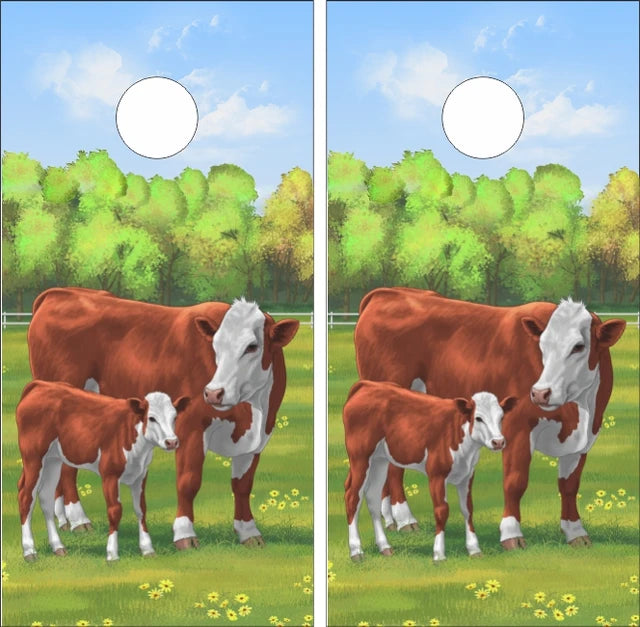 Country Farm Summer Pasture with Cow & Calf Painting Style Design Cornhole Wraps