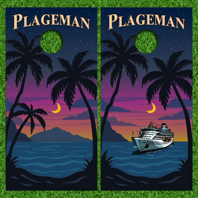 Silhouette Style Cruise Ship Nightlife with Tropical Palm Tree Version 2 Cornhole Wraps