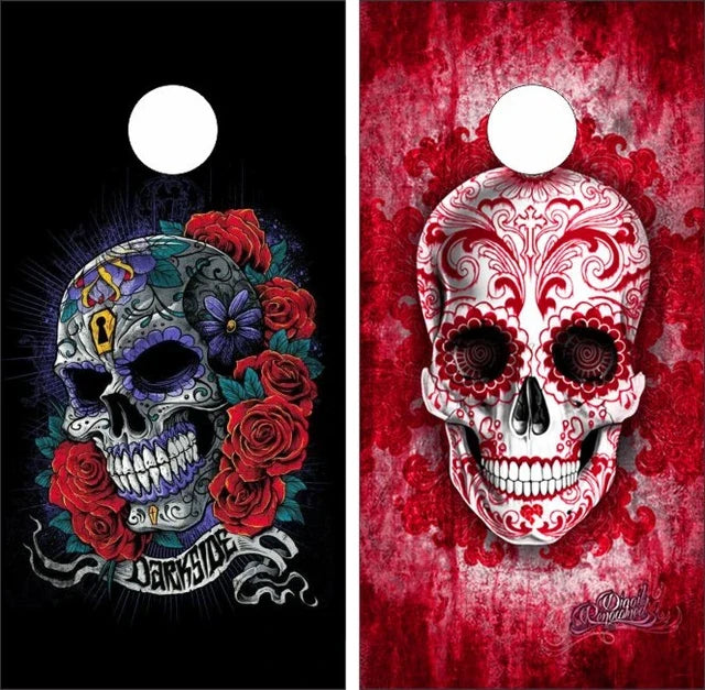 Sugar Skull Floral Head Red Black Grunge Background Cornhole Wraps