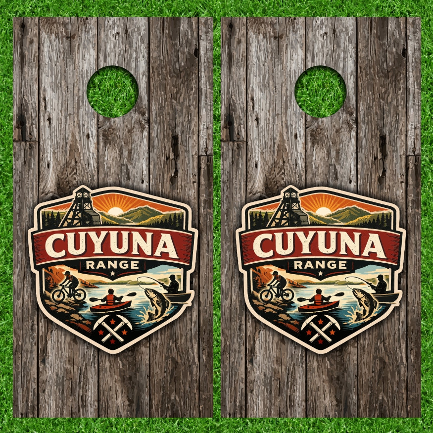 Cuyuna Range Outdoor Sporting with Weathered Wood Background Cornhole Wraps