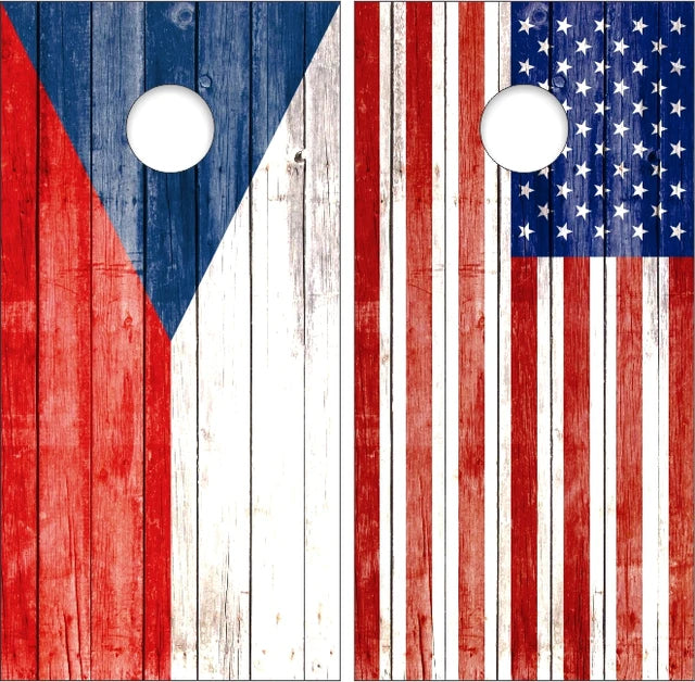 National USA American & Czech Country Flag with Weathered Wood Look Background Cornhole Wraps