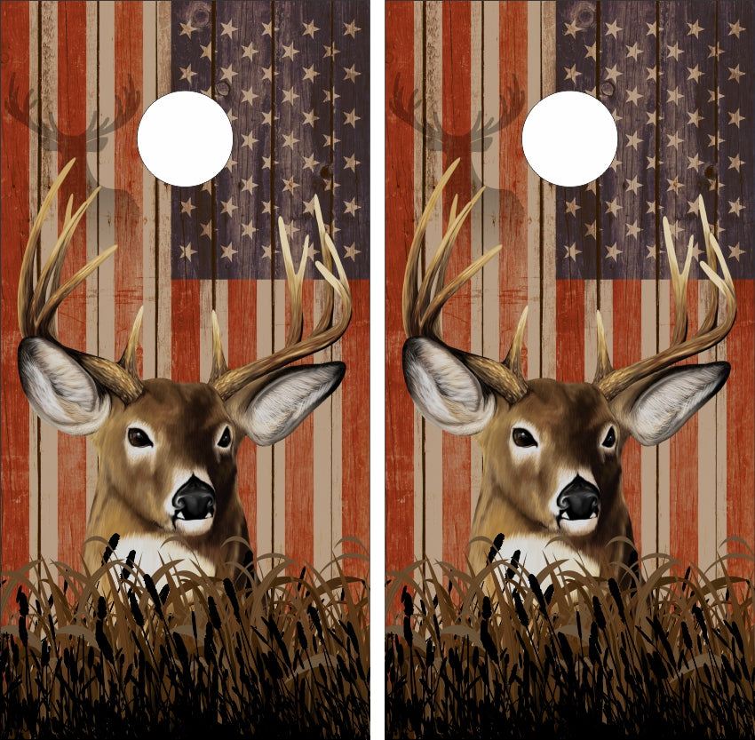 Buck Deer Head Weathered Wood American Flag Cornhole Wraps