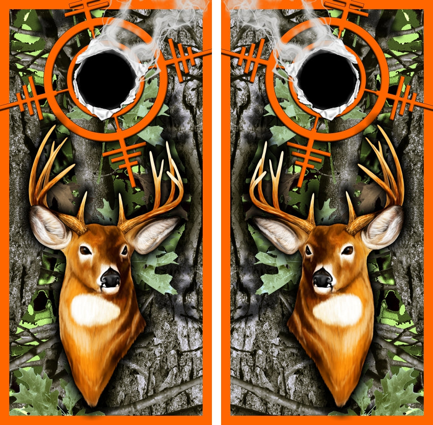 Buck Deer Tree Camo Crosshairs Orange Cornhole Wraps