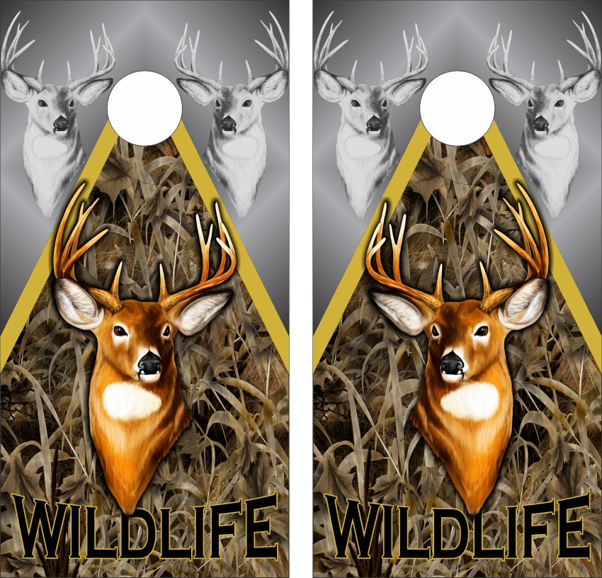 Buck Deer Triangle Grassy Camo Cornhole Wraps