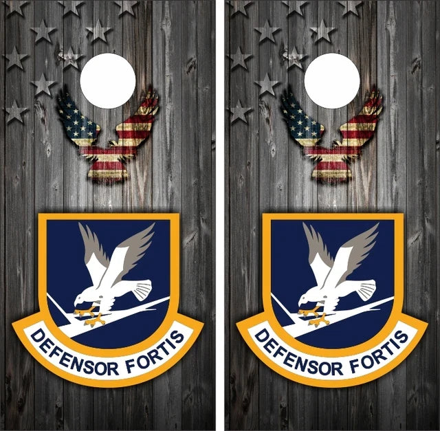 Defensor Fortis with Gray American Flag Stars in Corner on Wood Background Cornhole Wraps