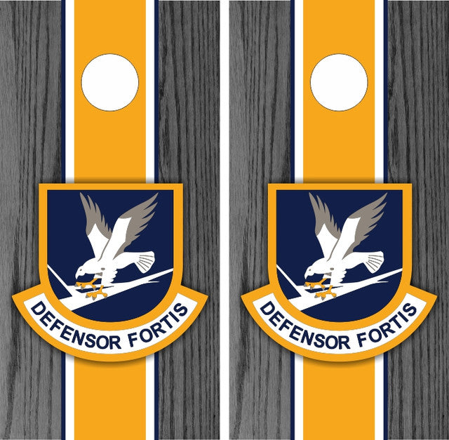 Defensor Fortis with Stripe Wood Background Cornhole Wraps