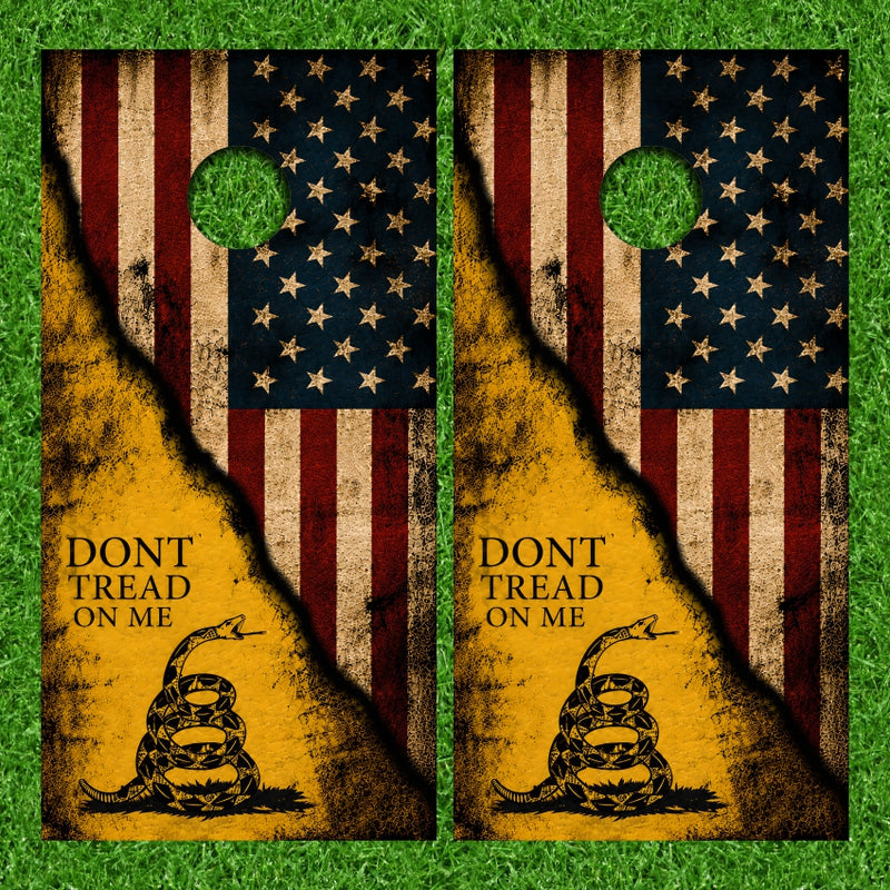 Don't Tread On Me with Ripped American Flag Grunge Background Cornhole Wraps