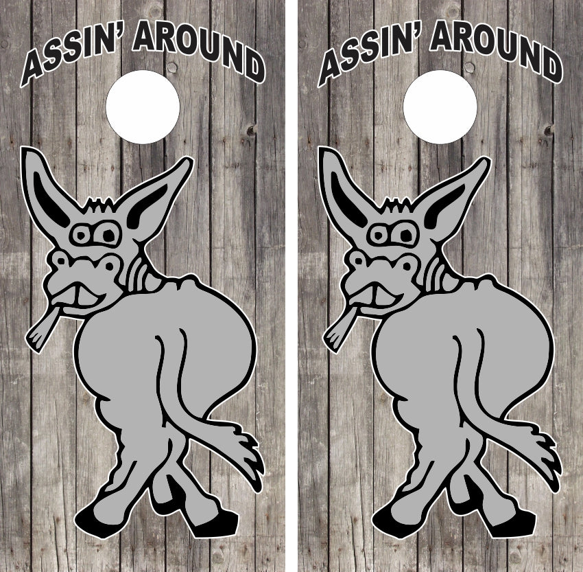 Assin' Around Donkey Wood Background Cornhole Wraps