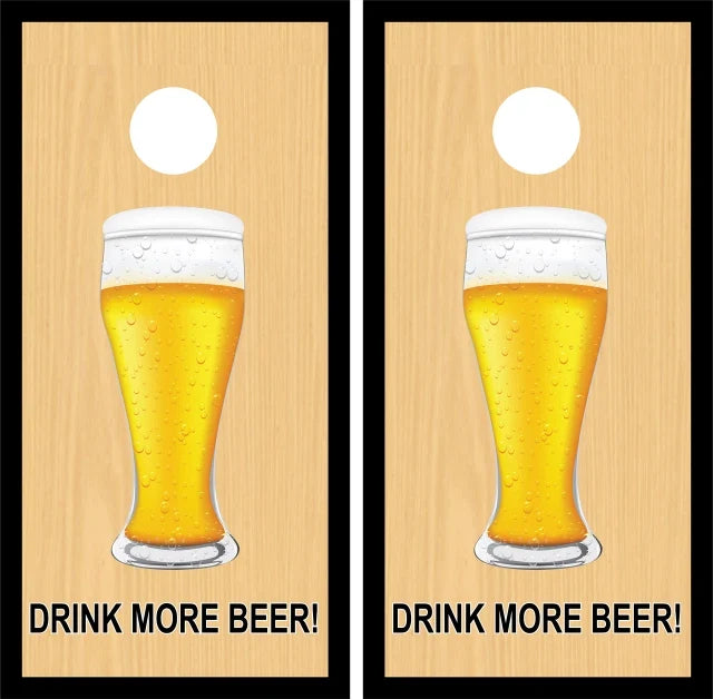 Drink More Beer Pub Tall Boy Glass with Plywood Texture Grain Background Cornhole Wraps