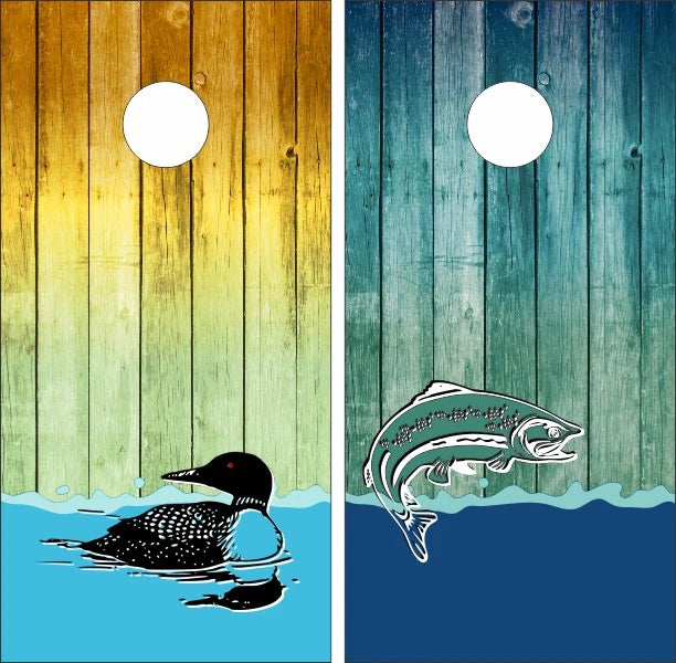 Duck & Fish with Colorful Wood Background Cornhole Wraps