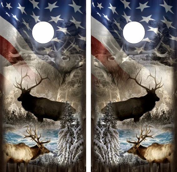 Elk Collage in the Wilderness with American Flag Background Cornhole Wraps