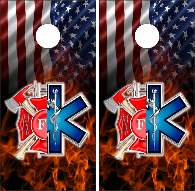 Firefighter Logo Split EMS Snake Logo on American Flag Background Cornhole Wraps